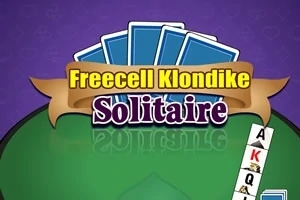 Πέντε κάρτες με την επιγραφή Freecell Klondike Solitaire πάνω από ένα πράσινο τραπέζι και δεξιά εμφανίζονται τέσσερις κάρτες με τα σύμβολα Άσος, Ρήγας, Βαλές και Ντάμα σε μοβ φόντο