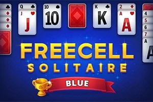 Κάρτες τράπουλας σε φόντο πάνω από τον τίτλο Freecell Solitaire Blue με ένα χρυσό κύπελλο