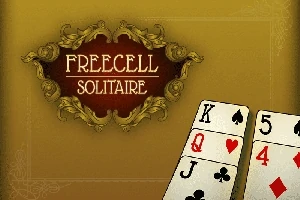 Διακοσμητικό πλαίσιο με την επιγραφή Freecell Solitaire και τέσσερις κάρτες παιχνιδιού: K σπαθί, Q κούπα, 5 σπαθί, και 4 καρό