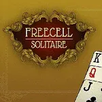 Διακοσμητικό πλαίσιο με την επιγραφή Freecell Solitaire και τέσσερις κάρτες παιχνιδιού: K σπαθί, Q κούπα, 5 σπαθί, και 4 καρό