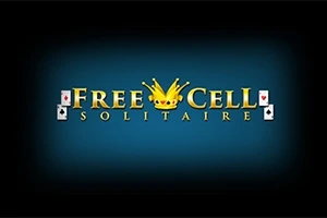 Λογότυπο με τη λέξη FreeCell Solitaire σε μπλε φόντο με κάρτες και μια κορώνα