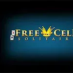 Λογότυπο με τη λέξη FreeCell Solitaire σε μπλε φόντο με κάρτες και μια κορώνα