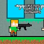 Δύο pixel art φιγούρες με όπλα σε προσομοιωμένο περιβάλλον, με την επιγραφή FRIENDS BATTLE GUNWAPS στο επάνω μέρος