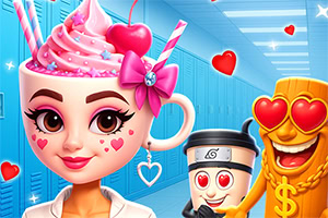 Κινούμενες φιγούρες σε στυλ καρικατούρας, με μια κοπέλα που έχει το κεφάλι ως ροζ παγωτό σε ποτήρι, ένα ποτήρι καφέ με χαμόγελο και ένα ξύλινο τοτέμ με γυαλιά σε σχήμα καρδιάς, σε μπλε φόντο με ντουλάπια