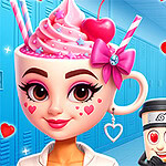 Κινούμενες φιγούρες σε στυλ καρικατούρας, με μια κοπέλα που έχει το κεφάλι ως ροζ παγωτό σε ποτήρι, ένα ποτήρι καφέ με χαμόγελο και ένα ξύλινο τοτέμ με γυαλιά σε σχήμα καρδιάς, σε μπλε φόντο με ντουλάπια