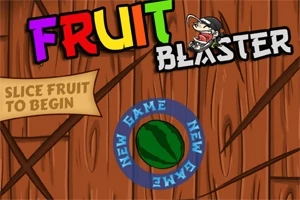 Ξύλινο φόντο με πολύχρωμο λογότυπο Fruit Blaster και καρπούζι στο κέντρο που περιβάλλεται από τις λέξεις New Game