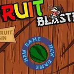 Ξύλινο φόντο με πολύχρωμο λογότυπο Fruit Blaster και καρπούζι στο κέντρο που περιβάλλεται από τις λέξεις New Game