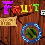 Πολύχρωμος τίτλος Fruit Break με ξύλινο φόντο και κυκλικό κουμπί με καρπούζι που γράφει New Game