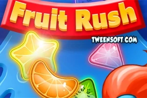 Φωτεινά και πολύχρωμα φρούτα με ετικέτα Fruit Rush σε μπλε φόντο