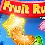 Φωτεινά και πολύχρωμα φρούτα με ετικέτα Fruit Rush σε μπλε φόντο