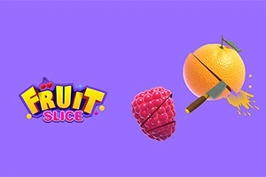 Μια μωβ εικόνα με τον τίτλο Fruit Slice και φρούτα που κόβονται με μαχαίρι, συγκεκριμένα ένα πορτοκάλι και ένα βατόμουρο