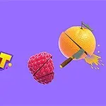 Μια μωβ εικόνα με τον τίτλο Fruit Slice και φρούτα που κόβονται με μαχαίρι, συγκεκριμένα ένα πορτοκάλι και ένα βατόμουρο