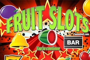 Μια πολύχρωμη εικόνα με το κείμενο FRUIT SLOTS, φρούτα, αστέρια, και καμπάνα