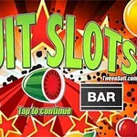 Μια πολύχρωμη εικόνα με το κείμενο FRUIT SLOTS, φρούτα, αστέρια, και καμπάνα