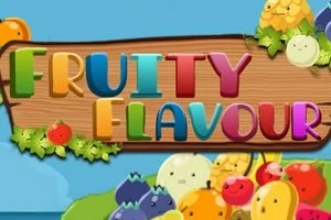Πολύχρωμα γράμματα με τη λέξη FRUITY FLAVOUR πάνω σε ξύλινη πινακίδα, διακοσμημένα με φρούτα και φύλλα