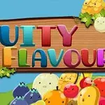 Πολύχρωμα γράμματα με τη λέξη FRUITY FLAVOUR πάνω σε ξύλινη πινακίδα, διακοσμημένα με φρούτα και φύλλα