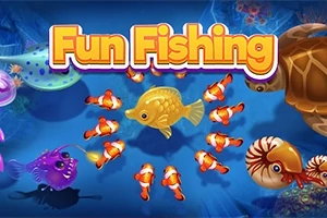 Fun Fishing Χρυσό ψάρι περιτριγυρισμένο από μικρά κλόουν ψάρια με φόντο πολύχρωμα θαλάσσια πλάσματα και τον τίτλο Fun Fishing