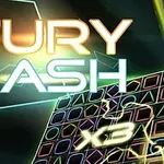 Λογότυπο με τον τίτλο Fury Dash πάνω από φουτουριστικό φόντο με γραμμές και γεωμετρικά σχήματα