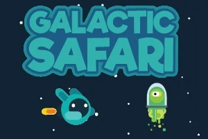 Κείμενο με τον τίτλο Galactic Safari σε μπλε φόντο με καρτούν UFO και διαστημικό πλάσμα