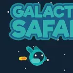 Κείμενο με τον τίτλο Galactic Safari σε μπλε φόντο με καρτούν UFO και διαστημικό πλάσμα