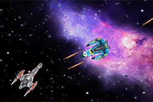 Δύο διαστημόπλοια σε πολύχρωμο γαλαξία με αστέρια και καταδίωξη στο διάστημα