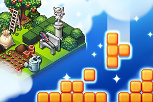 Κήπος με δέντρα, παγκάκι και εργαλεία κηπουρικής πλαισιωμένος από μπλε ουρανό και πορτοκαλί μπλοκ σε σχήματα