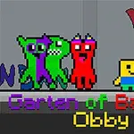 Πολύχρωμοι pixel χαρακτήρες στέκονται μπροστά από γκρι φόντο με τις λέξεις Garten of Banban Obby από κάτω