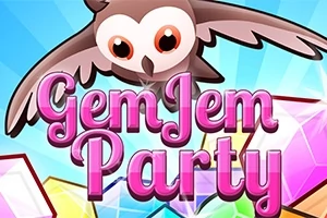 Κουκουβάγια πάνω από τον τίτλο Gem Jem Party με πολύχρωμα πετράδια στο φόντο