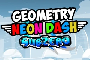 Χρωματιστός τίτλος με λέξεις GEOMETRY NEON DASH SUBZERO σε φόντο με σύννεφα και κτίρια