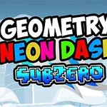 Χρωματιστός τίτλος με λέξεις GEOMETRY NEON DASH SUBZERO σε φόντο με σύννεφα και κτίρια
