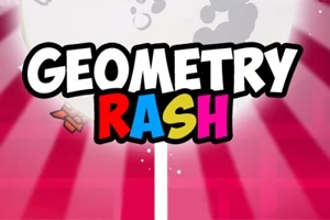 Τίτλος GEOMETRY RASH με έντονα χρώματα σε φόντο με κόκκινες ακτίνες και λευκή γραμμή