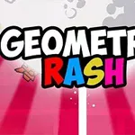 Τίτλος GEOMETRY RASH με έντονα χρώματα σε φόντο με κόκκινες ακτίνες και λευκή γραμμή