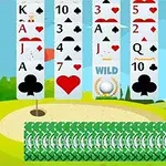 Μια σειρά από τράπουλες με κάρτες τοποθετημένες σε στήλες μπροστά από ένα γήπεδο γκολφ με σημαιάκι, όπου φαίνεται το νούμερο 2 από σπαθί