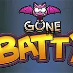 Ροζ νυχτερίδα πάνω από τον τίτλο Gone Batty με έντονα γράμματα σε σκούρο φόντο