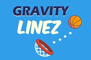 Κείμενο με τη λέξη GRAVITY LINEZ σε μπλε φόντο, μαζί με μια μπάλα μπάσκετ που κατευθύνεται προς ένα στεφάνι