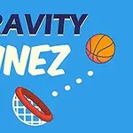 Κείμενο με τη λέξη GRAVITY LINEZ σε μπλε φόντο, μαζί με μια μπάλα μπάσκετ που κατευθύνεται προς ένα στεφάνι