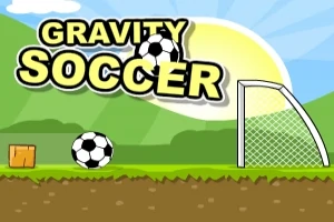 Κείμενο GRAVITY SOCCER με δύο ποδοσφαιρικές μπάλες, ένα τέρμα και ένα ξύλινο κουτί σε γραφικό τοπίο με ήλιο και βουνά