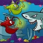 Growing Fish Δύο φανταχτερά ψάρια με φωτεινές κεραίες αντιμέτωπα με καρχαρία μπροστά από ναυάγιο σε κοραλλιογενή ύφαλο