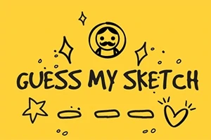 Κίτρινο φόντο με μαύρο κείμενο GUESS MY SKETCH, σχέδια ενός προσώπου με μουστάκι, αστέρια, γραμμές και καρδιά