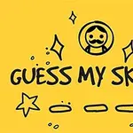 Κίτρινο φόντο με μαύρο κείμενο GUESS MY SKETCH, σχέδια ενός προσώπου με μουστάκι, αστέρια, γραμμές και καρδιά