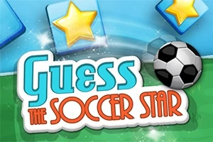 Κείμενο με τη φράση Guess the Soccer Star, ένα ποδοσφαιρικό μπαλόνι και αστέρια σε γαλάζιο φόντο