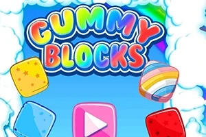 Γράμματα με ουράνιο τόξο στη λέξη Gummy Blocks, πλαίσια με καραμέλες και κουμπί αναπαραγωγής σε φόντο με σύννεφα