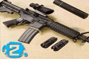 Ένα όπλο επίθεσης με διάφορα εξαρτήματα και αριθμό δύο σε γαλάζιο φόντο