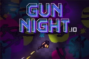 Μια ψηφιακή εικόνα με την επιγραφή GUN NIGHT σε νέον φωτισμό με ένα χαρακτήρα που κρατάει όπλο σε φόντο με χρωματιστές φιγούρες