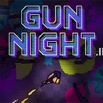 Μια ψηφιακή εικόνα με την επιγραφή GUN NIGHT σε νέον φωτισμό με ένα χαρακτήρα που κρατάει όπλο σε φόντο με χρωματιστές φιγούρες