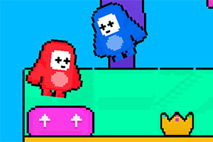Δύο pixelated χαρακτήρες, ένας κόκκινος και ένας μπλε, στέκονται σε μια πλατφόρμα με μια κορώνα και ένα ροζ κουτί δίπλα τους
