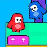 Δύο pixelated χαρακτήρες, ένας κόκκινος και ένας μπλε, στέκονται σε μια πλατφόρμα με μια κορώνα και ένα ροζ κουτί δίπλα τους