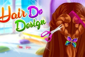 Πολύχρωμος τίτλος Hair Do Design δίπλα σε μακριά καστανά μαλλιά πλεγμένα σε κοτσίδα με ψαλίδι, χτένα και πολύχρωμο τσιμπιδάκι πεταλούδα