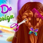 Πολύχρωμος τίτλος Hair Do Design δίπλα σε μακριά καστανά μαλλιά πλεγμένα σε κοτσίδα με ψαλίδι, χτένα και πολύχρωμο τσιμπιδάκι πεταλούδα