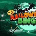 Πρόσοψη με λέξεις Halloween Bingo διακοσμημένη με κολοκύθες και νυχτερίδα κάτω από φεγγάρι σε στοιχειωμένο τοπίο